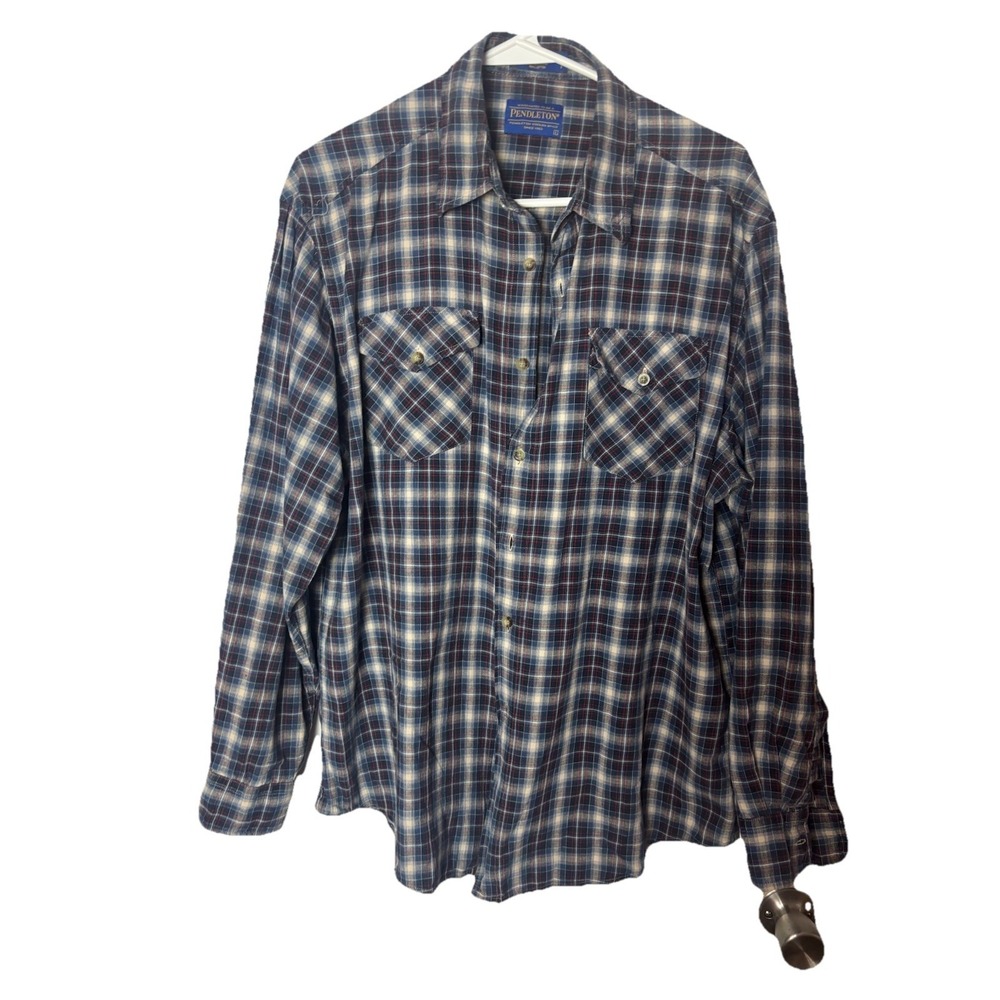 Pendleton Mens L Tracker Shirt Blue/Brown Plaid Cotton Long Sleeve‎ Pockets